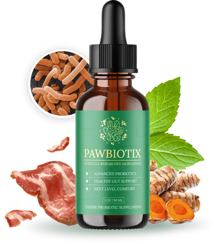 PawBiotix canine probiotic supplement dropper bottle with turmeric and mint